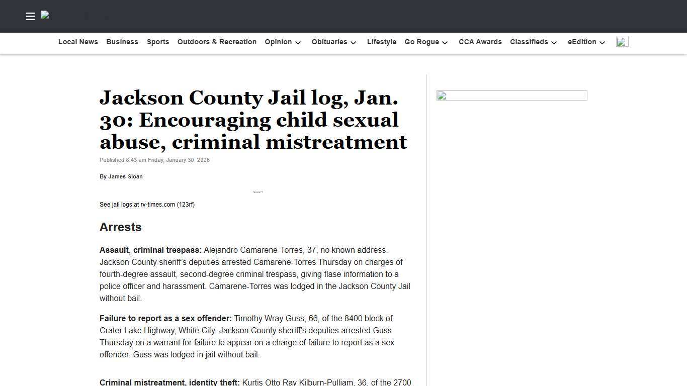 Jackson County Jail log, Jan. 30: Encouraging child sexual abuse, criminal mistreatment Rogue Valley Times