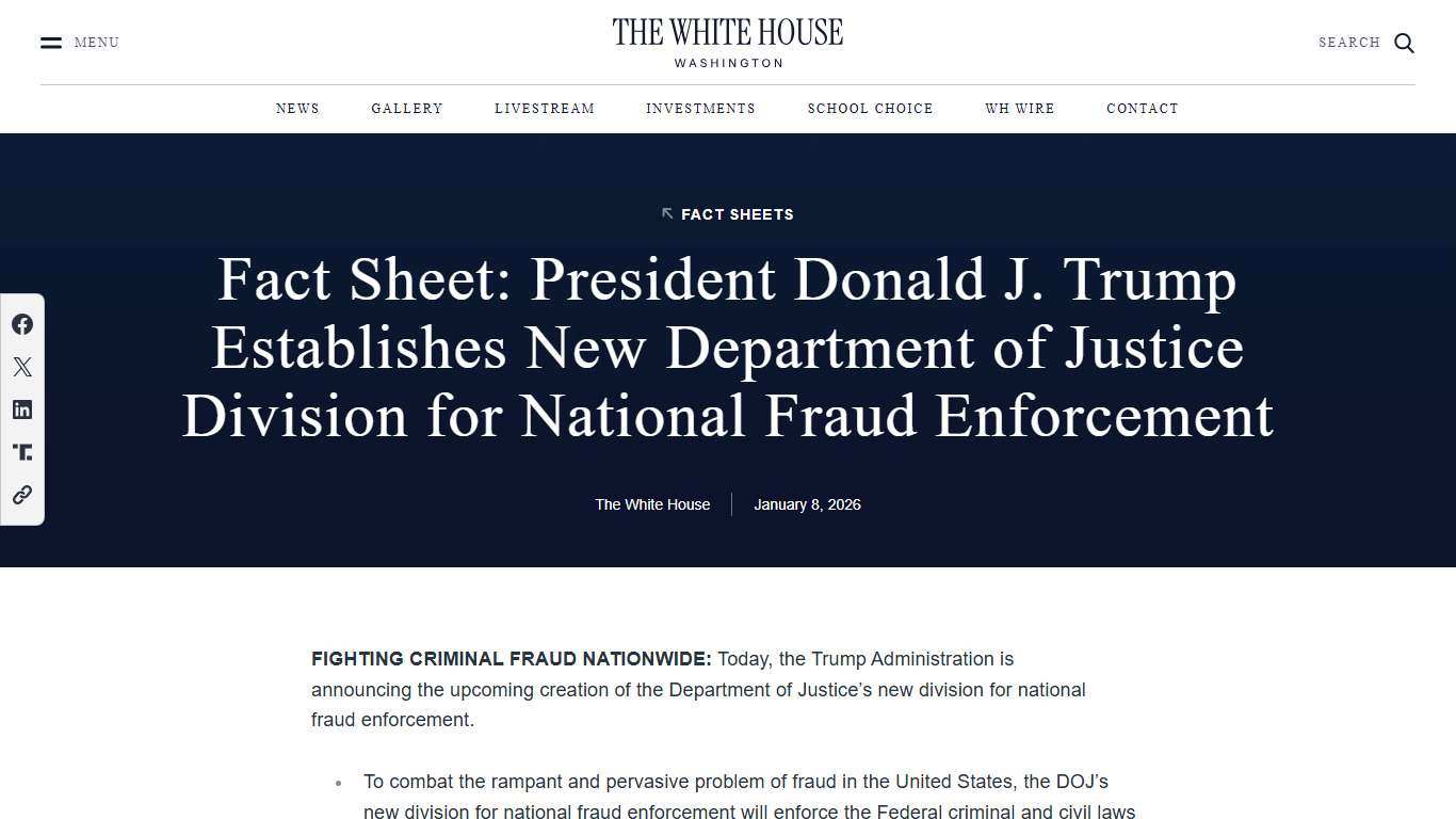 Fact Sheet: President Donald J. Trump Establishes New Department of Justice Division for National Fraud Enforcement – The White House