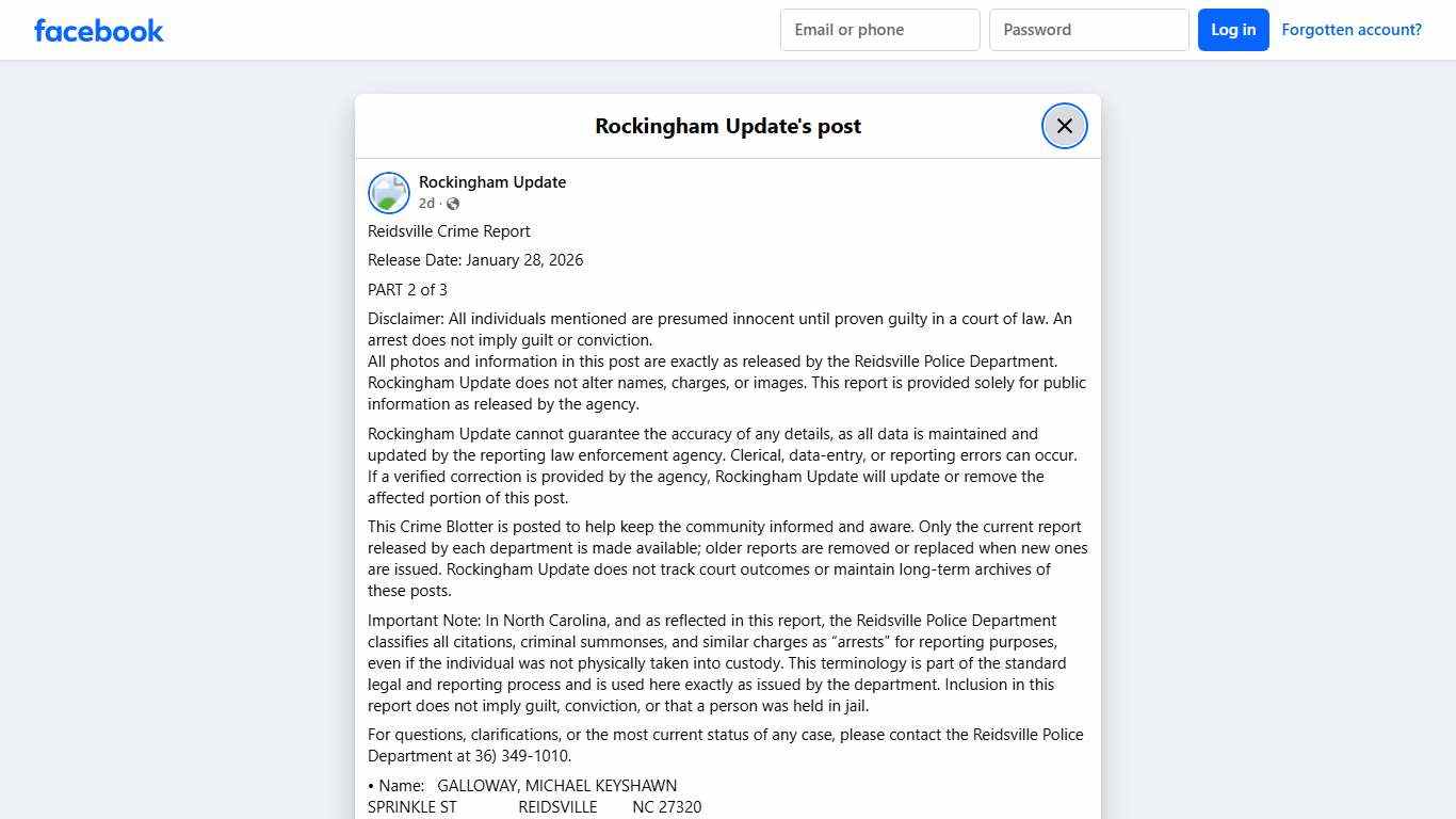 Reidsville Crime Report Release Date:... - Rockingham Update Facebook